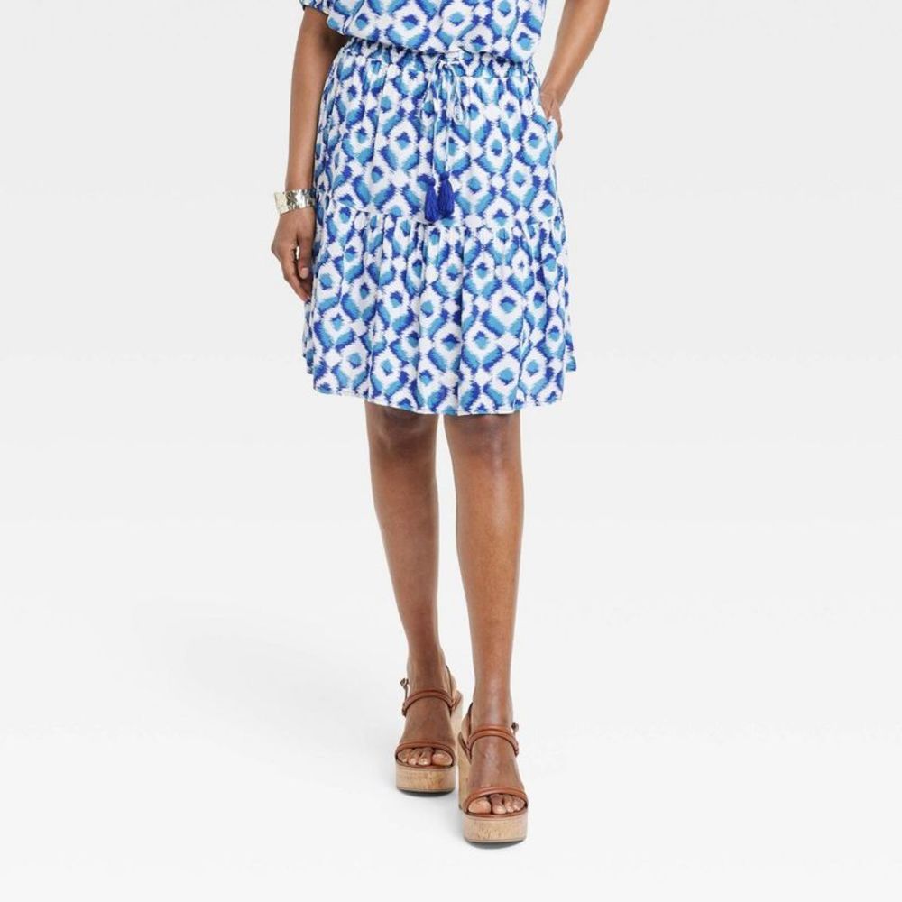 Women's Mini Tiered A-Line Skirt - Knox Rose Blue Ikat L